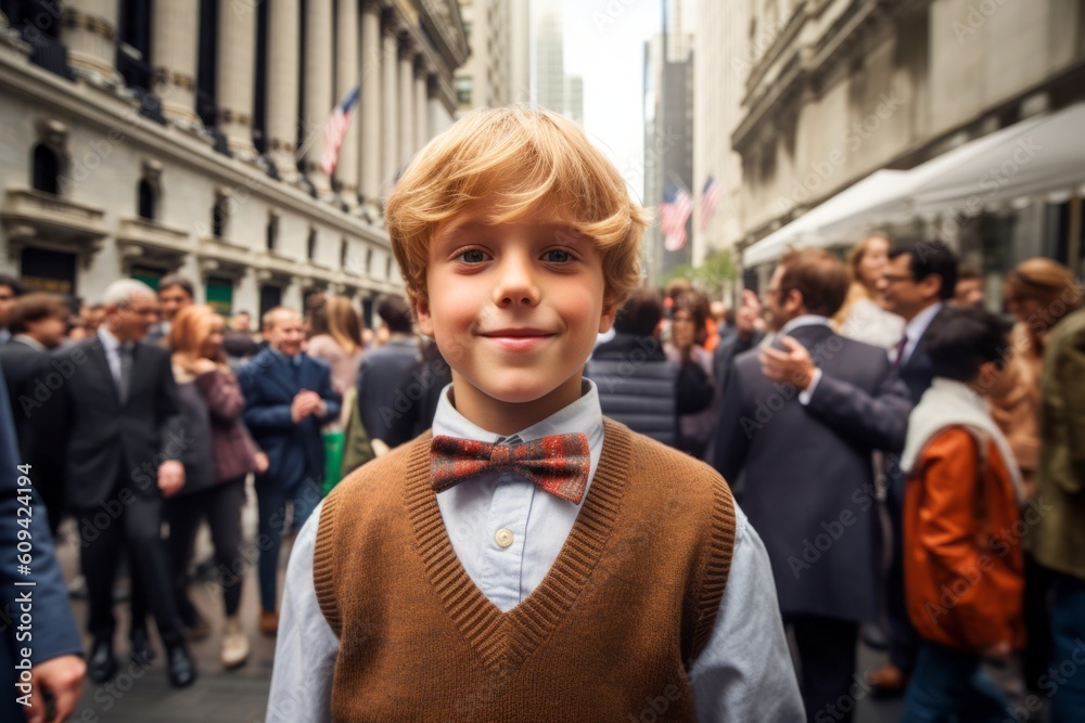 Portrait of a boy with a bow tie on the street.