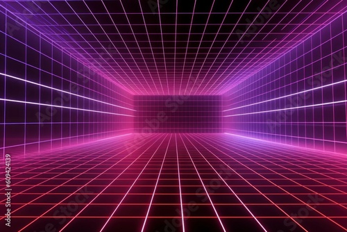 3d render, abstract geometric background, cyber space with grid inside the virtual reality, empty room glowing with red violet neon light, Generative AI