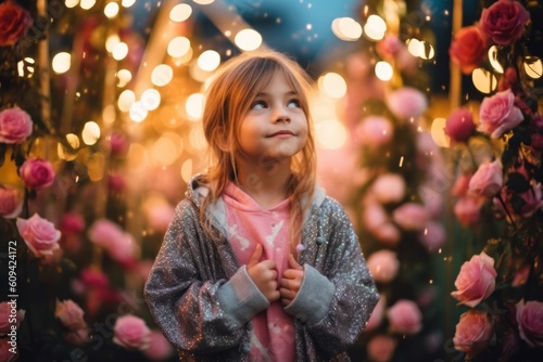 Portrait of a cute little girl on the background of colorful flowers