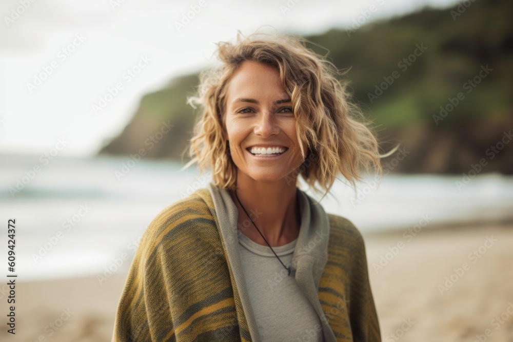 Portrait of smiling young woman standing on beach at the day time Portrait of smiling young woman standing on beach at the day time
