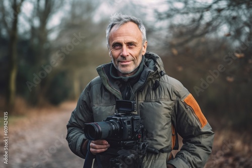 Portrait of senior photographer with camera in forest. Man with a camera in his hands.