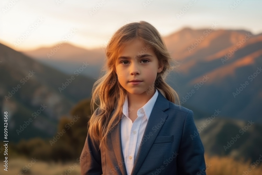 Medium shot portrait photography of a satisfied child female that is wearing a classic blazer against a beautiful and breathtaking mountain vista background . Generative AI Medium shot portrait photography of a satisfied child female that is wearing a classic blazer against a beautiful and breathtaking mountain vista background . Generative AI