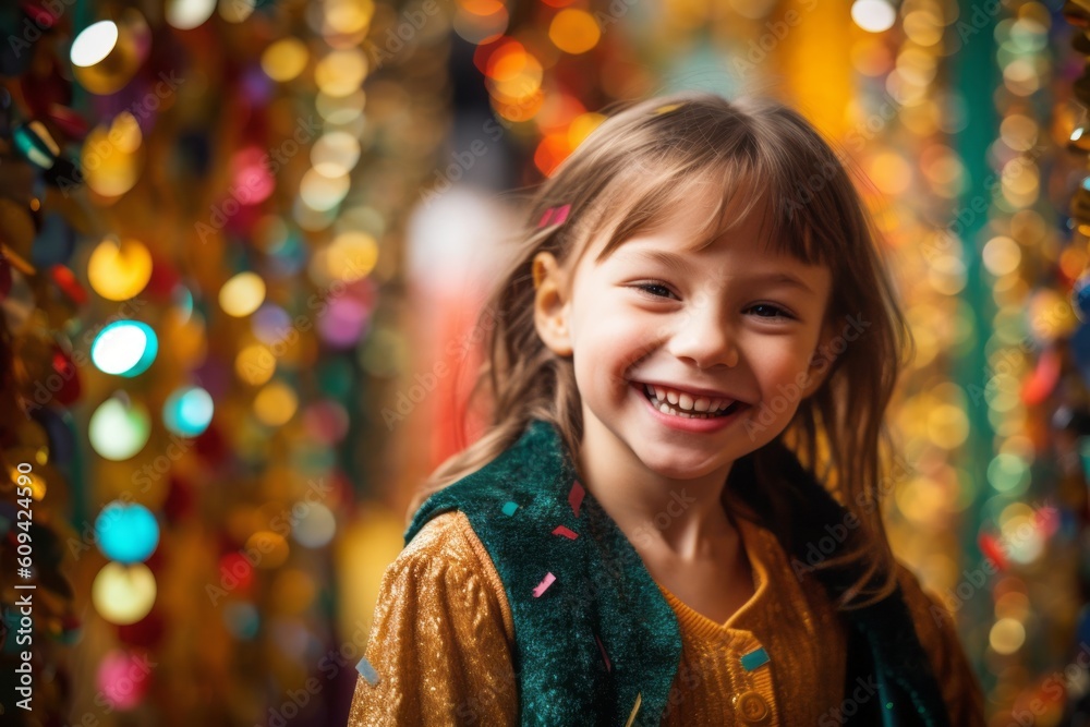 Portrait of a smiling little girl on a background of colorful garlands Portrait of a smiling little girl on a background of colorful garlands
