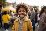 Medium shot portrait photography of a cheerful child male that is wearing a chic cardigan against a neighborhood block party with food and games background . Generative AI