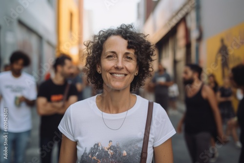 Medium shot portrait photography of a satisfied woman in her 40s that is wearing a casual t-shirt against an urban street art mural with a crowd gathered background . Generative AI