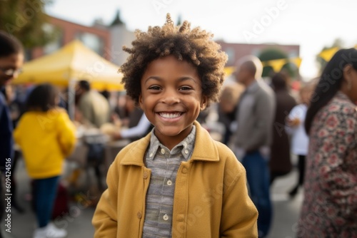 Medium shot portrait photography of a cheerful child male that is wearing a chic cardigan against a neighborhood block party with food and games background . Generative AI