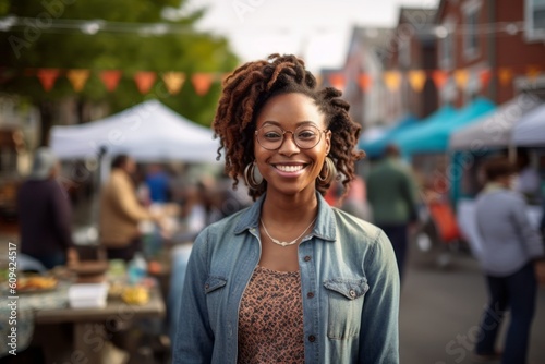 Medium shot portrait photography of a satisfied woman in her 30s that is wearing a chic cardigan against a neighborhood block party with food and games background . Generative AI