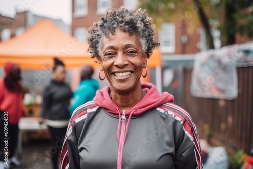 portrait of smiling african american woman at street food festival