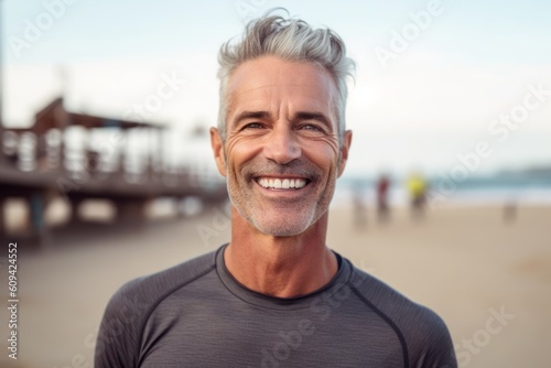 Portrait of smiling man standing on beach at seaside in morning