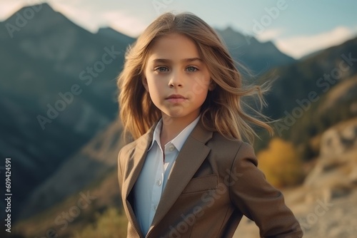 Medium shot portrait photography of a satisfied child female that is wearing a classic blazer against a beautiful and breathtaking mountain vista background . Generative AI © Robert MEYNER
