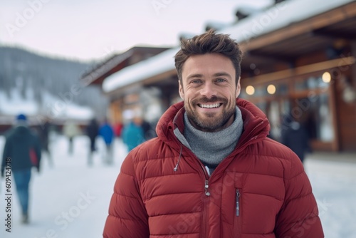 Medium shot portrait photography of a grinning man in his 20s that is wearing a chic cardigan against an active ski resort with visitors enjoying the slopes background . Generative AI photo