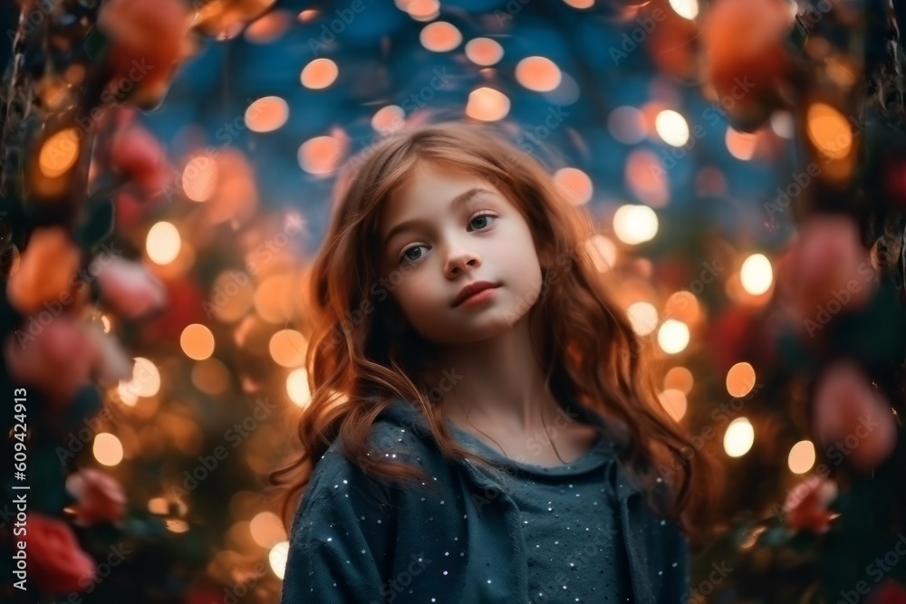 Portrait of a beautiful red-haired girl with freckles on her face in a blue sweater against the background of a garland. Portrait of a beautiful red-haired girl with freckles on her face in a blue sweater against the background of a garland.