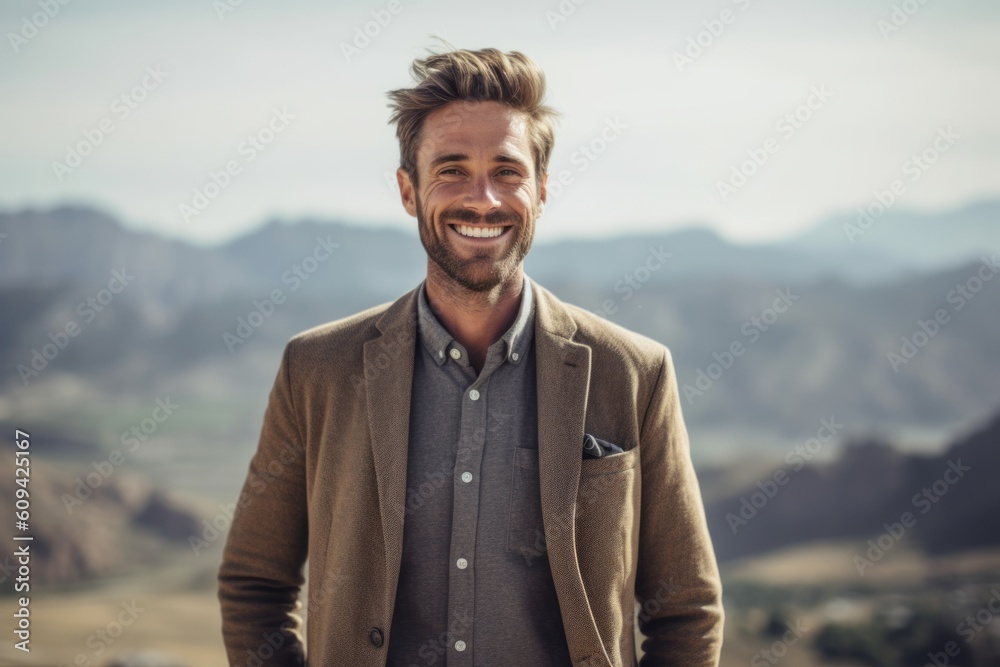 Portrait of a handsome man smiling at camera while standing on top of a mountain Portrait of a handsome man smiling at camera while standing on top of a mountain