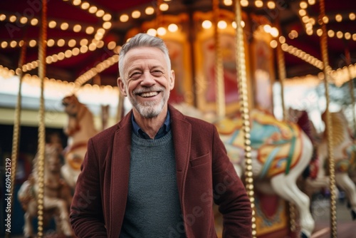 Medium shot portrait photography of a pleased man in his 50s that is wearing a chic cardigan against an old-fashioned carousel in motion at a city square background . Generative AI © Robert MEYNER