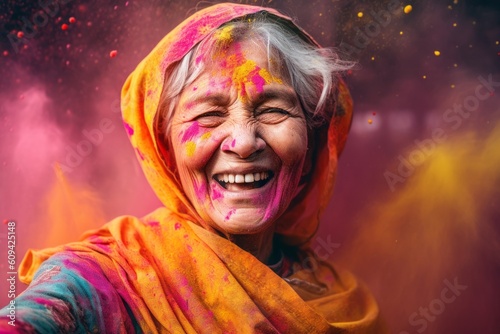 Medium shot portrait photography of a pleased woman in her 50s that is wearing a charming scarf against a colorful holi festival celebration with powder thrown background . Generative AI