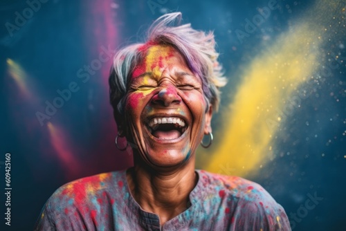 Medium shot portrait photography of a cheerful woman in her 60s that is wearing a denim jacket against a colorful holi festival celebration with powder thrown background . Generative AI