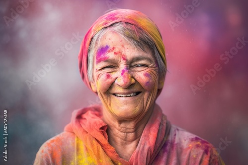 Portrait of happy Indian senior woman with holi paint on face