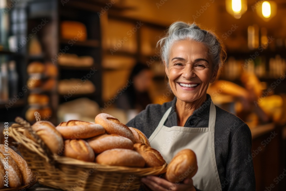 Portrait of smiling mature female baker holding basket with fresh bread in bakery Portrait of smiling mature female baker holding basket with fresh bread in bakery