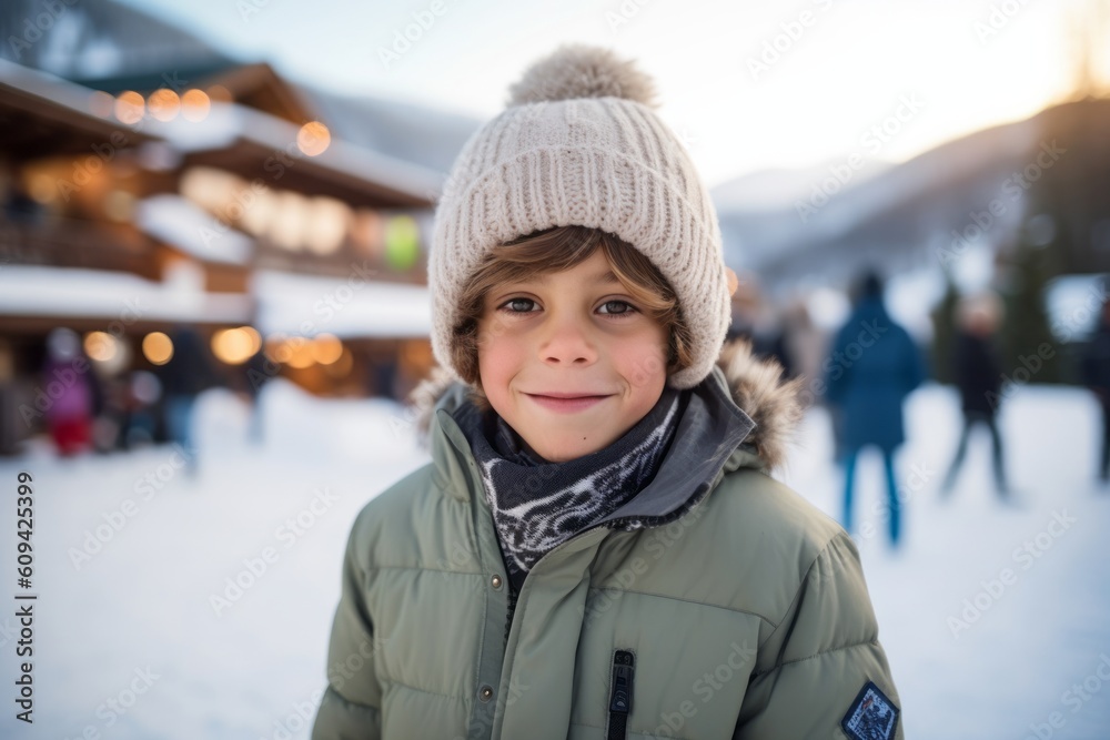 Portrait of a cute little boy in winter clothes on the background of the Christmas market Portrait of a cute little boy in winter clothes on the background of the Christmas market