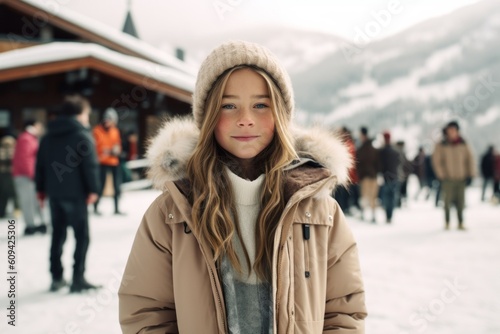 Portrait of a beautiful young girl on a background of winter mountains