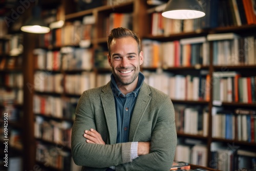 Portrait of a handsome young man standing in a library and smiling