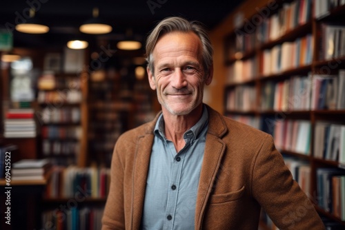 Portrait of a smiling mature man standing in a library and looking at the camera