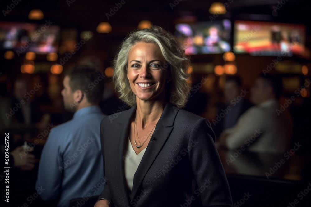Portrait of a smiling businesswoman in a nightclub, looking at the camera