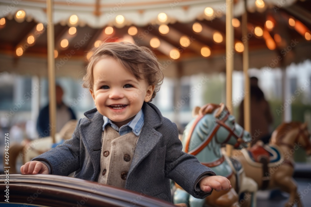 Portrait of a cute little boy on a merry-go-round