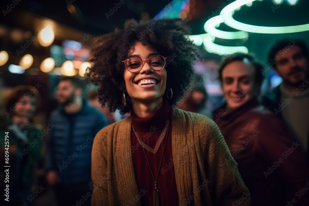 Obraz premium Portrait of smiling african american woman with friends in background