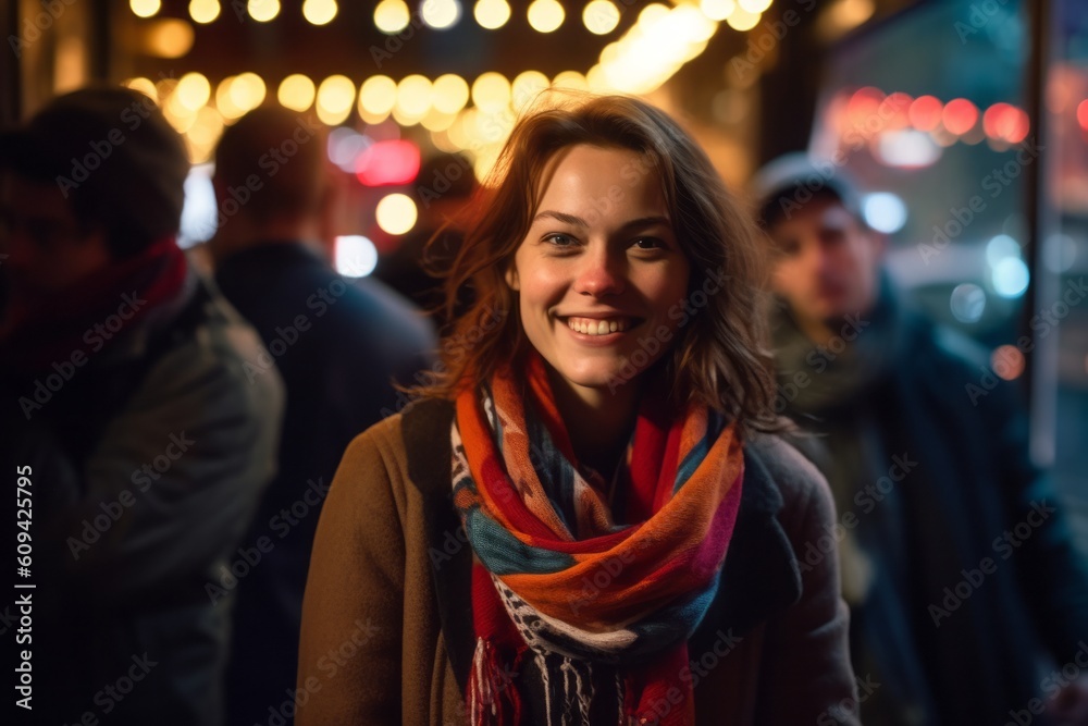 Young beautiful woman in the city at night, happy and smiling.