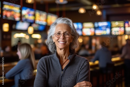 Portrait of smiling senior woman in coffee shop at counter in bar