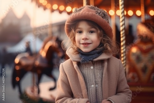 Medium shot portrait photography of a satisfied child female that is wearing a cozy sweater against an old-fashioned carousel in motion at a city square background . Generative AI