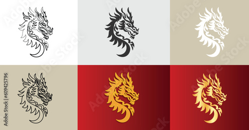 Chinese New Year 2024, the year of the Dragon, red and gold line art characters, simple hand-drawn Asian elements with craft (Chinese translation: Happy Chinese New Year 2024, year of the Dragon)