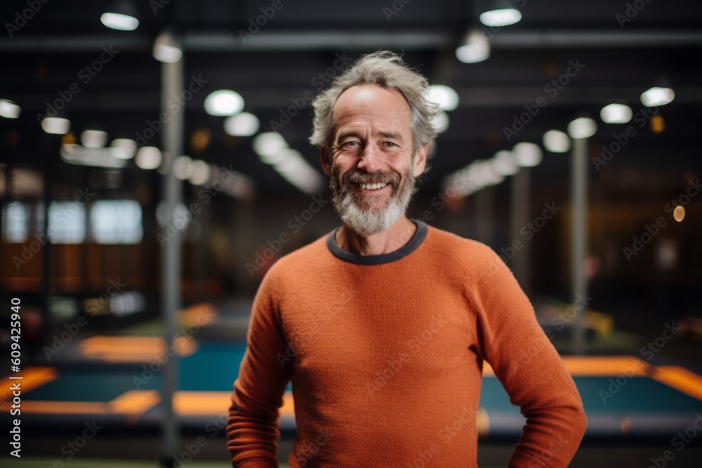 Fototapeta premium Portrait of senior man smiling while standing in fitness studio at night