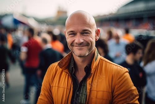 Medium shot portrait photography of a pleased man in his 40s that is wearing a chic cardigan against an exciting race car event with pit crews working background . Generative AI