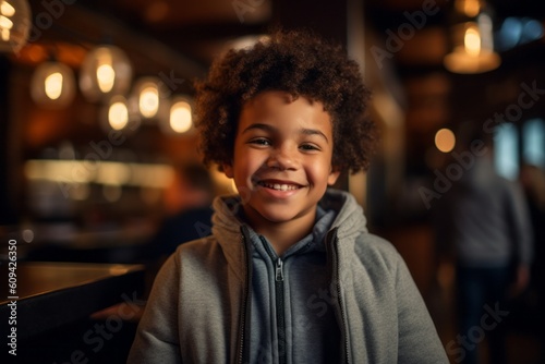 Portrait of smiling african american little boy sitting in cafe