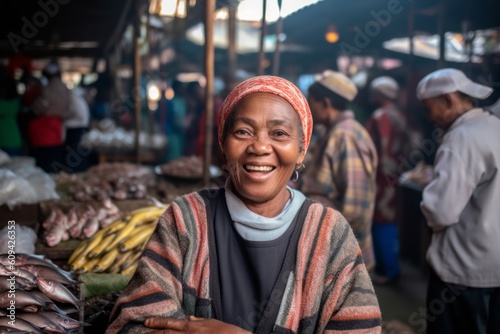 Close-up portrait photography of a satisfied woman in her 40s that is wearing a chic cardigan against a bustling fish market with vendors selling their catch background . Generative AI