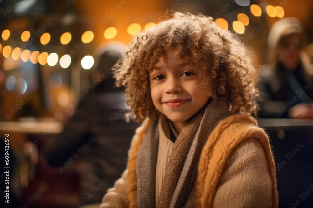 Medium shot portrait photography of a pleased child female that is wearing a cozy sweater against a late-night jazz club with musicians performing background . Generative AI Medium shot portrait photography of a pleased child female that is wearing a cozy sweater against a late-night jazz club with musicians performing background . Generative AI