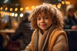 Medium shot portrait photography of a pleased child female that is wearing a cozy sweater against a late-night jazz club with musicians performing background . Generative AI