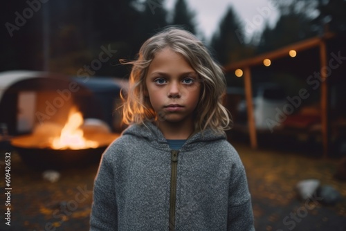 portrait of cute little girl looking at camera while standing near campfire