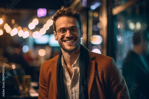 Handsome young man in coat and eyeglasses sitting in cafe and smiling
