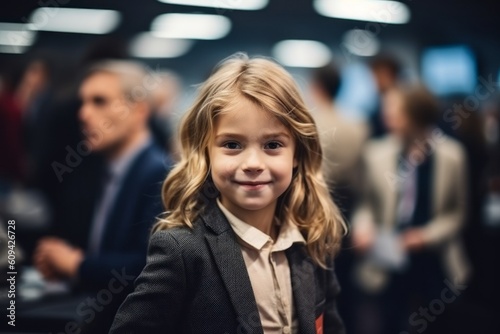 Smiling little girl in business suit looking at camera in conference hall