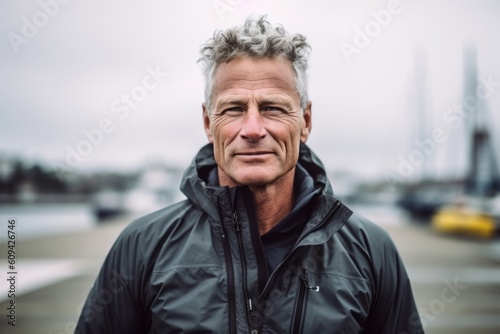Portrait of a handsome middle-aged man with gray hair wearing a jacket