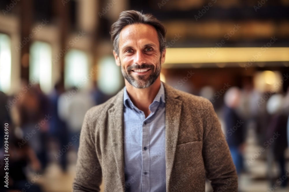 Portrait of a handsome mature man in casual clothes smiling at the camera while standing in an office lobby.