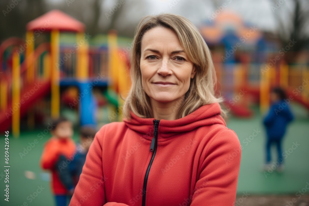 Portrait of senior woman in red hoodie on playground background.