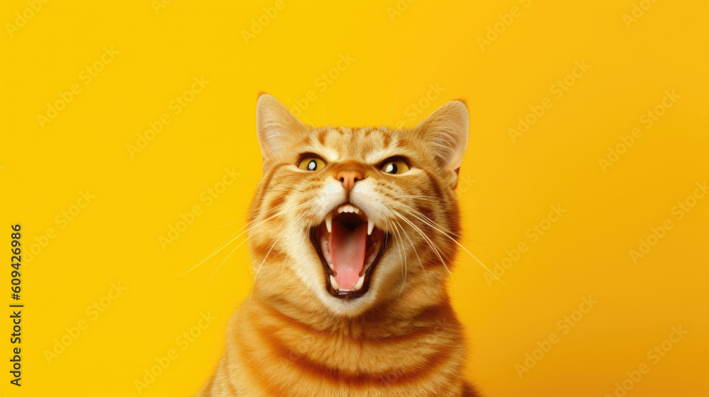 Fototapeta premium Funny red cat on yellow background, portrait of mocking cat with copy space generated AI.