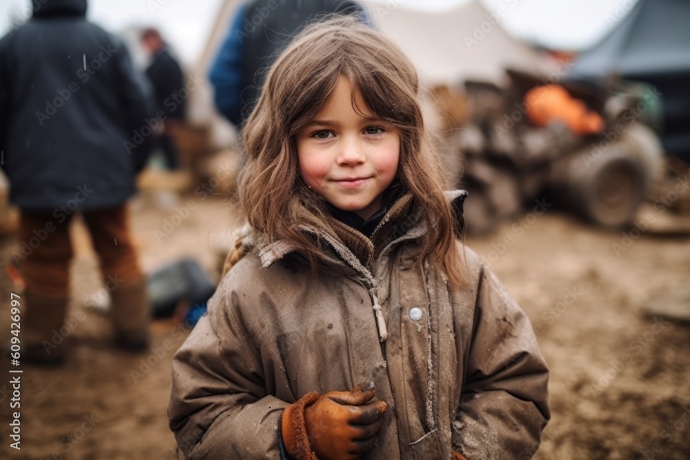 Medium shot portrait photography of a satisfied child female that is wearing a warm parka against an archaeological dig site with artifacts being discovered background . Generative AI Medium shot portrait photography of a satisfied child female that is wearing a warm parka against an archaeological dig site with artifacts being discovered background . Generative AI