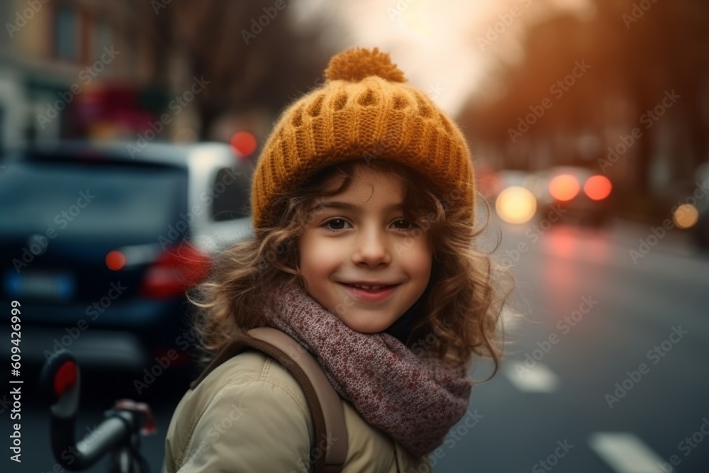 Close up portrait of a cute little girl in a hat and scarf on the street Close up portrait of a cute little girl in a hat and scarf on the street