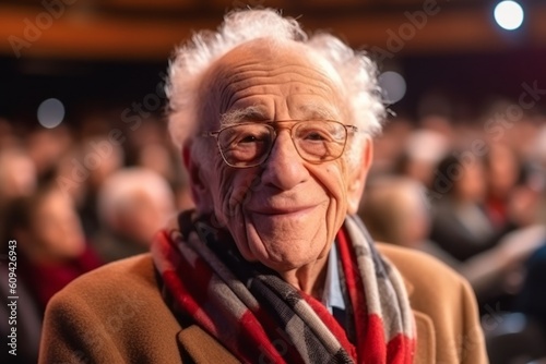 Portrait of senior man with glasses and scarf in cinema hall.