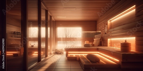 AI Generated. AI Generative. Modern luxury home sauna steam cabin heat spa wood style. Graphic Art